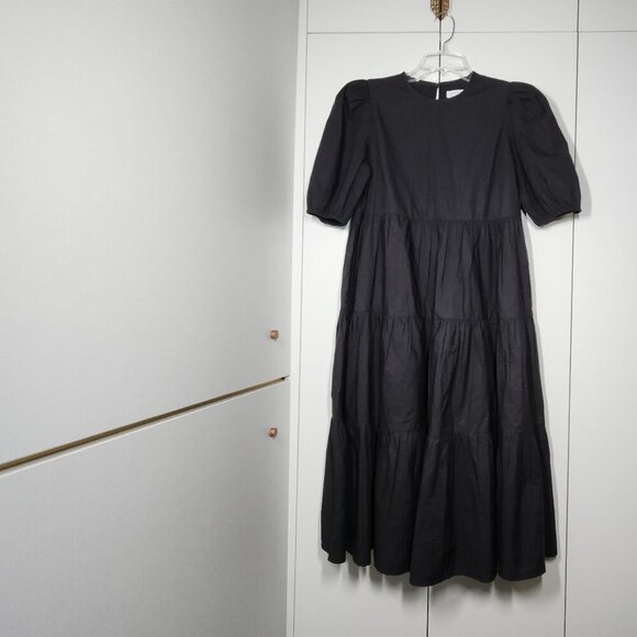 Aritzia Little Moon Delphi Poplin Dress Puff-Sleeve Tiered Women's Size S Black - Picture 3 of 11